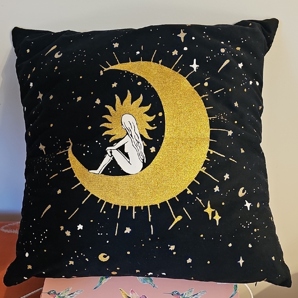 Celestial Moon & Sun Glitter Velvet Throw Pillow 17" Square